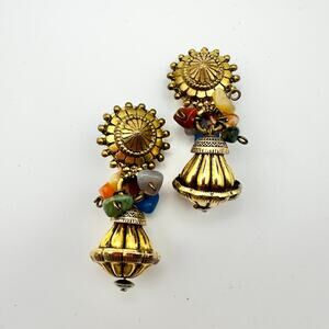 Bat Ami Coffers Israel Vintage Gold Tone Multi Stone Clip On Ornate Earrings